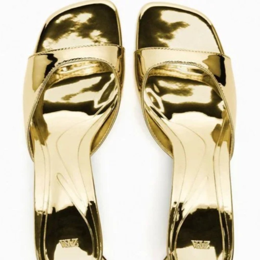 Zara Metallic Block Heel Sandals Gold
